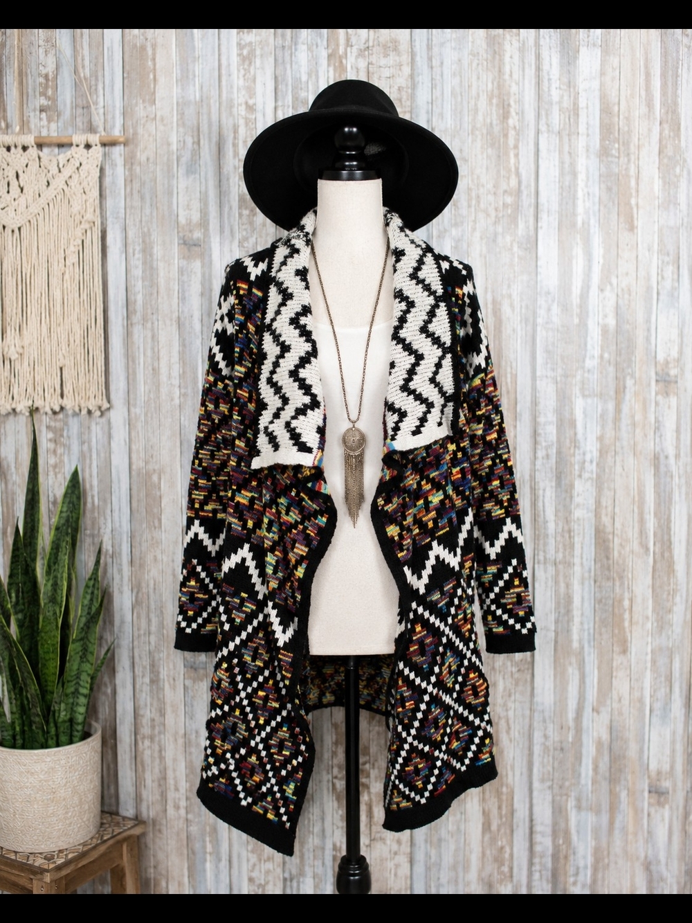 Multicolor Aztec Open-Front Cardigan Sweater - Black & Ivory